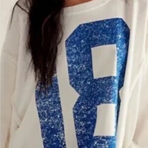 FP Movement by Free People White and Blue Graphic Crew Neck Top
